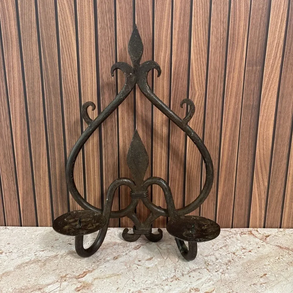 Vintage wrought Iron wall sconce Pillar candle holder gothic rustic decor '60s